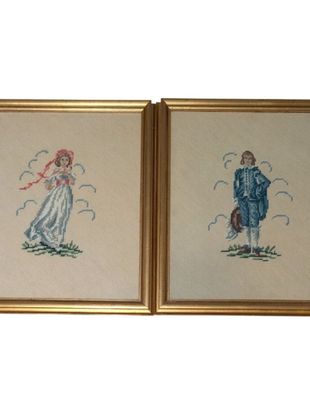 Framed Needlepoint Art "Pinkie & Blue Boy" Petit Point Embroidery Colonial Gold - Picture 9 of 16